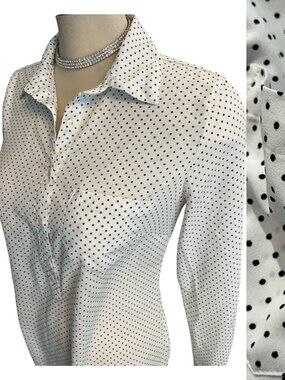 MERONA Blouse Top Polka Dot White & Black 1/2 Button Up Long Sleeves Sz Small